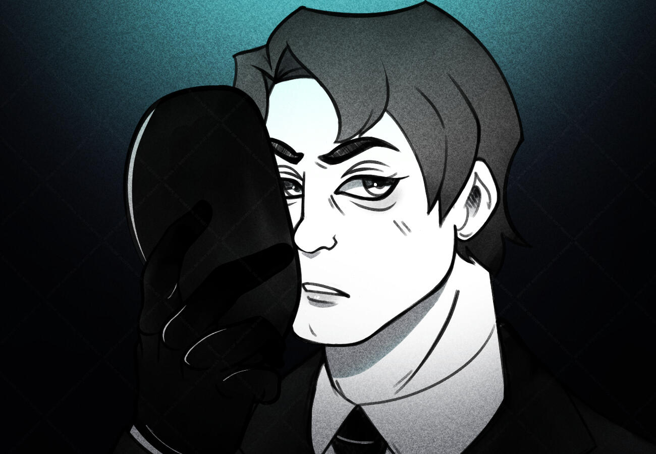 Headshot Sketch This image shows a balck and white image of a man holding a black mask