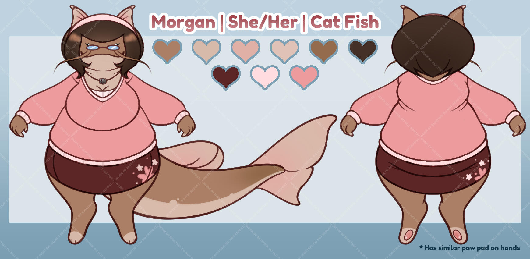 Two Designs This image displays a catfish fursona on its front and back dressed in pink on a blue background